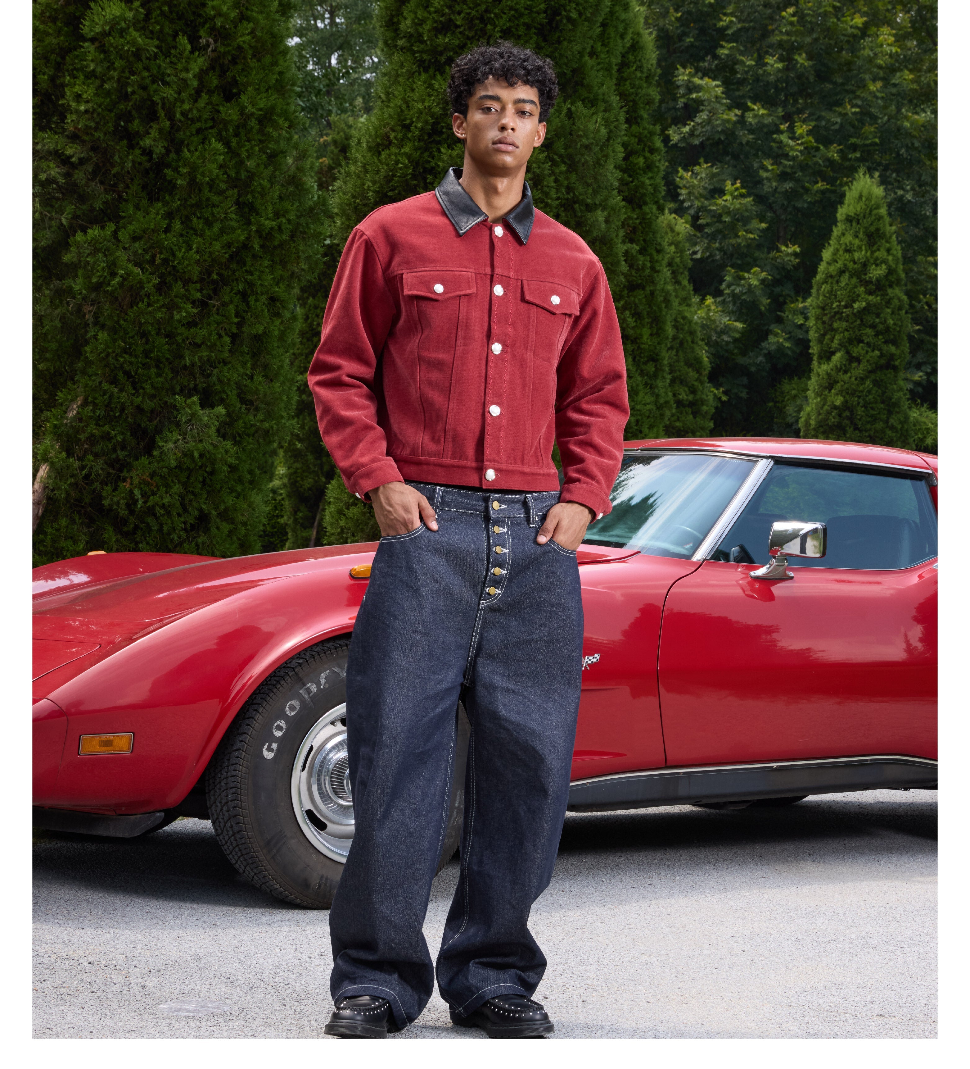 S45 Flocking Denim Pearl Button Leather Lapel Short Jacket