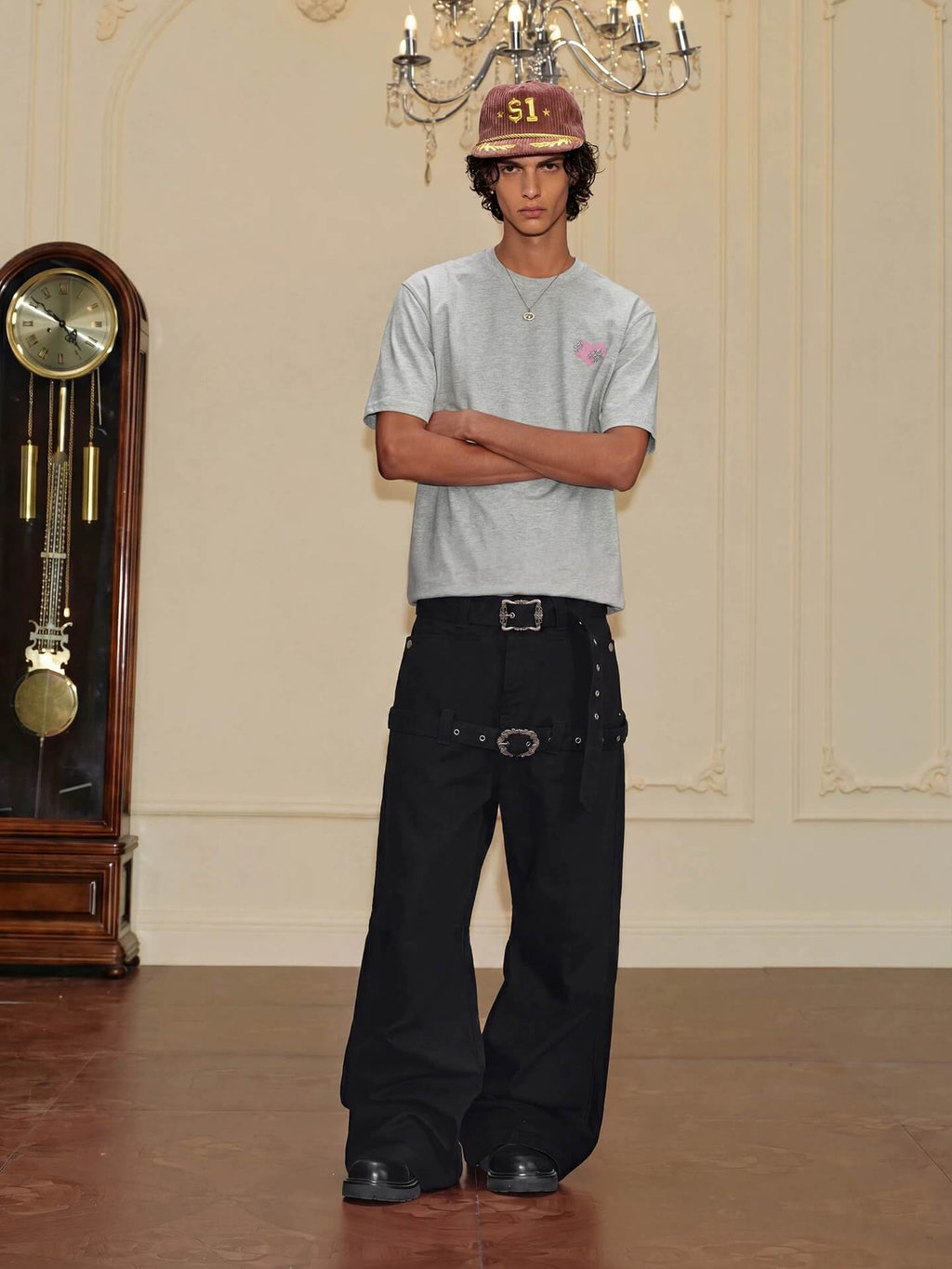 YADcrew Double Floral Buckle Belted Flared Pants