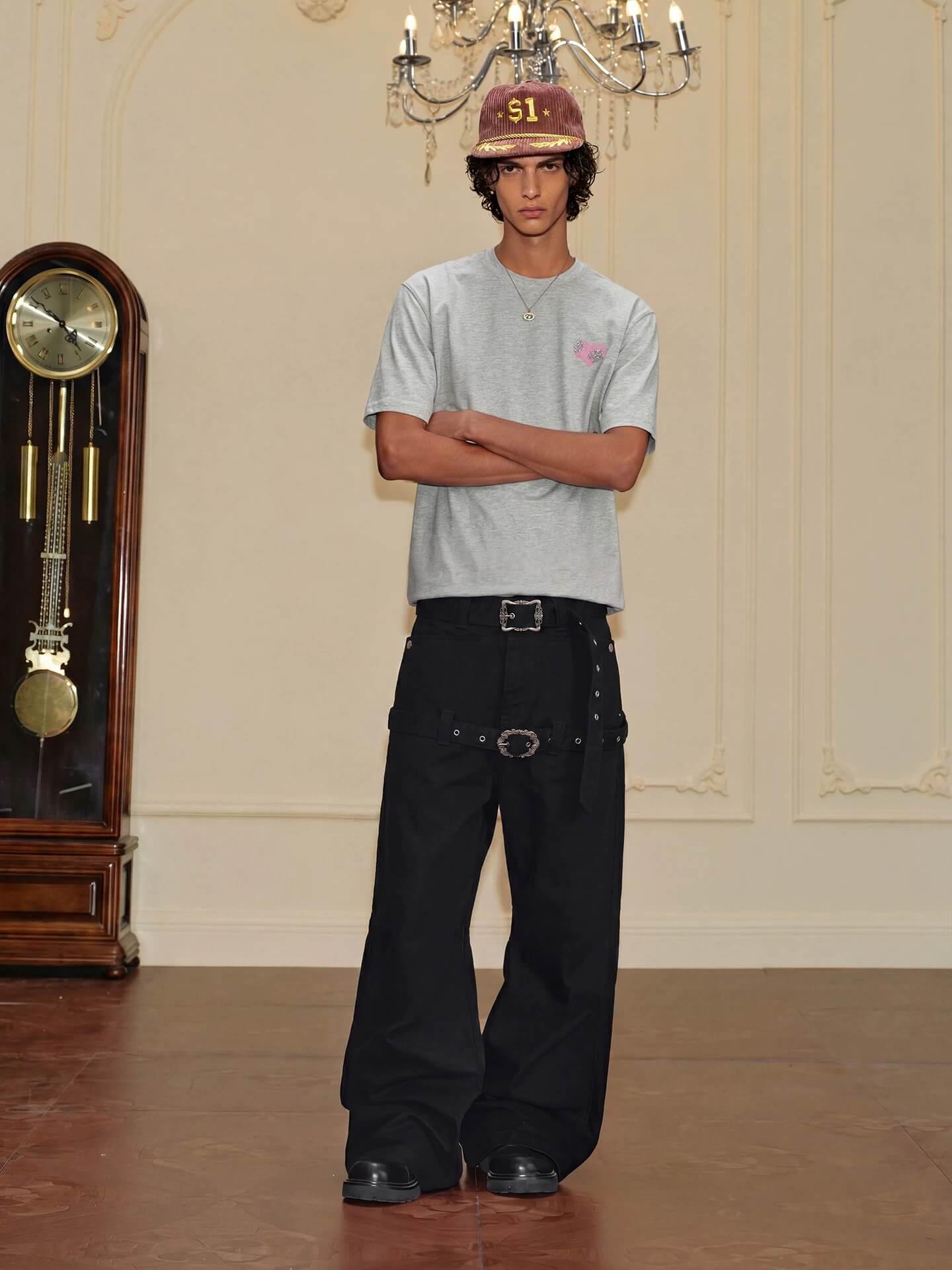 YADcrew Double Floral Buckle Belted Flared Pants