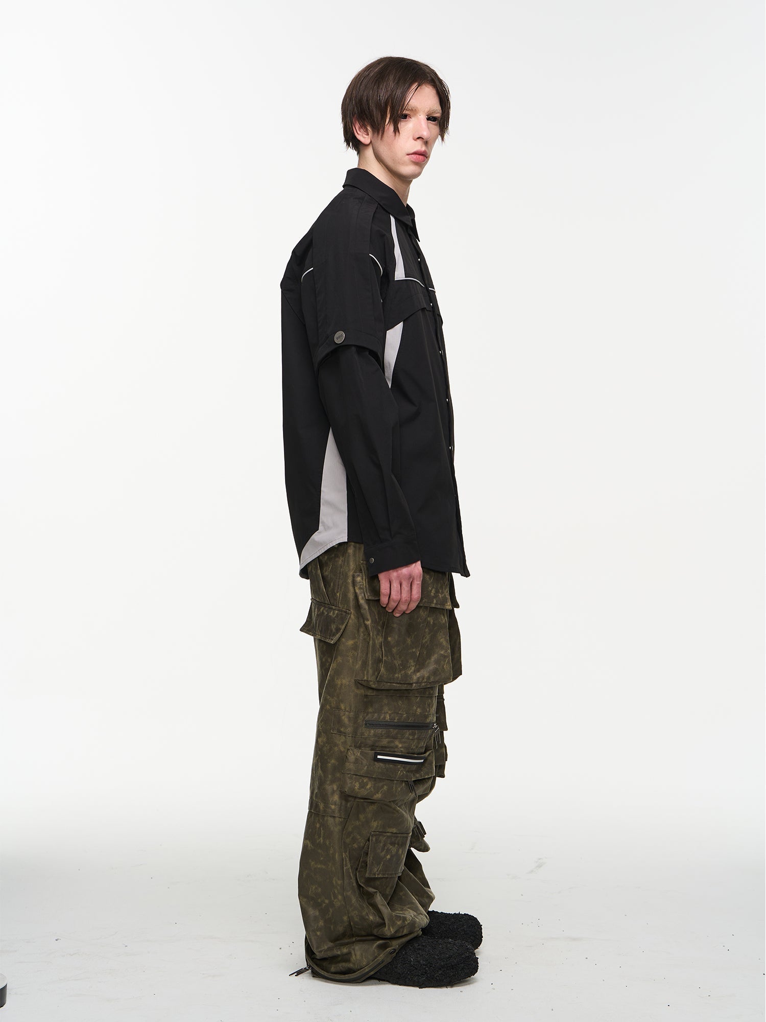 BLIND NO PLAN Detachable Textured Contrast Patchwork Shirt