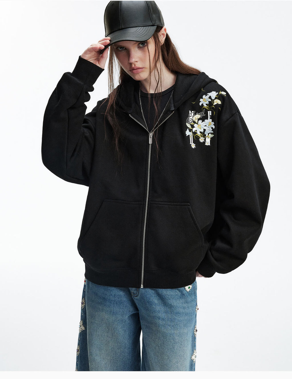 MEDM Rose Embroidered Zip Up Hoodie