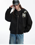MEDM Rose Embroidered Zip Up Hoodie