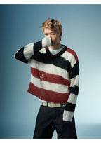 EVILKNIGHT(EK) Striped Colorblocking Distressed V-Neck Knit Sweater