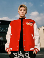 JUST VIBE Terry Multicolor Logo PU Leather Varsity Jacket