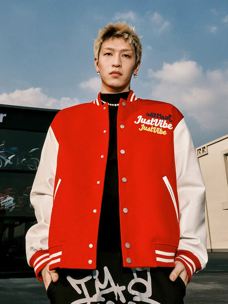 JUST VIBE Terry Multicolor Logo PU Leather Varsity Jacket