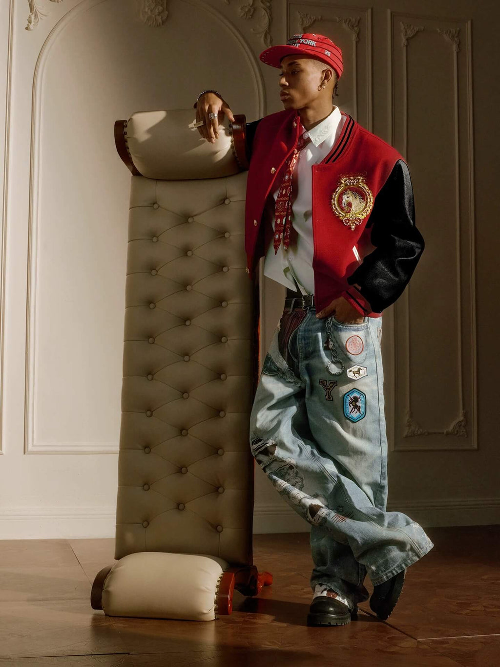 YADcrew Horse Sequin Pearl Embroidered Varsity Jacket
