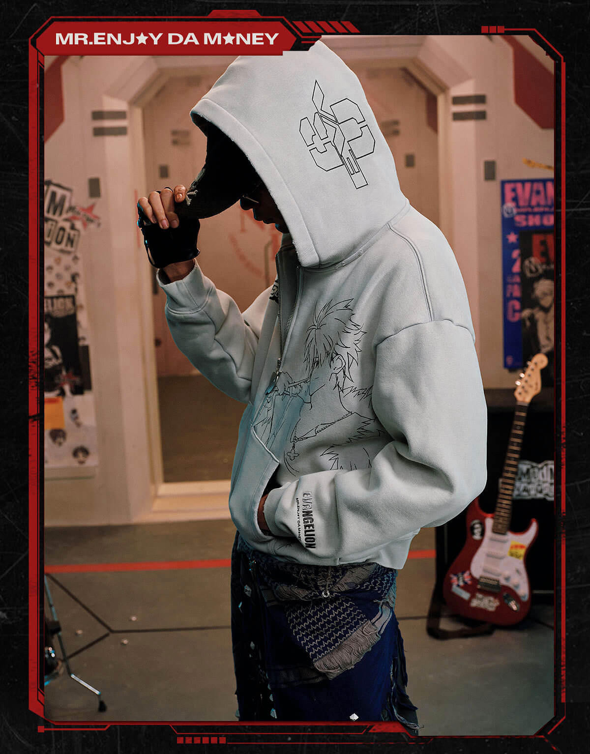 MEDM x EVA NEVER END Character Print Distressed Washed Zip Up Hoodie