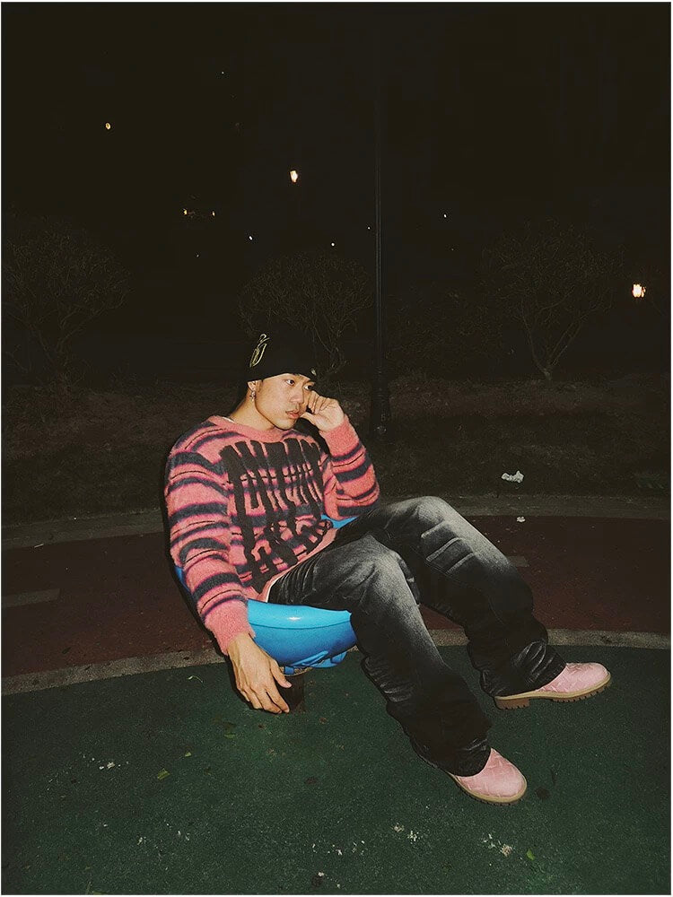 EVETS Logo Striped Fuzzy Knit Sweater