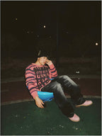 EVETS Logo Striped Fuzzy Knit Sweater