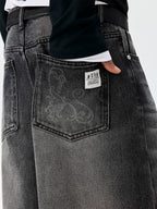 MEDM Flower Vine Laser Burnout Washed Machete Jeans