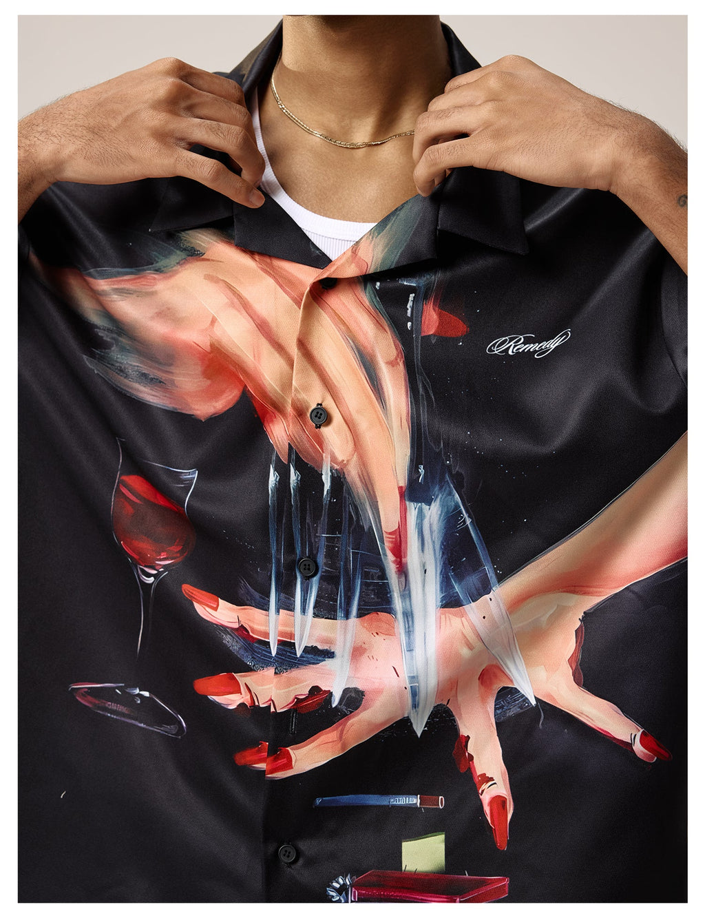 Remedy Finger and Wine Glass Full Print Short Sleeve Cuban Shirt