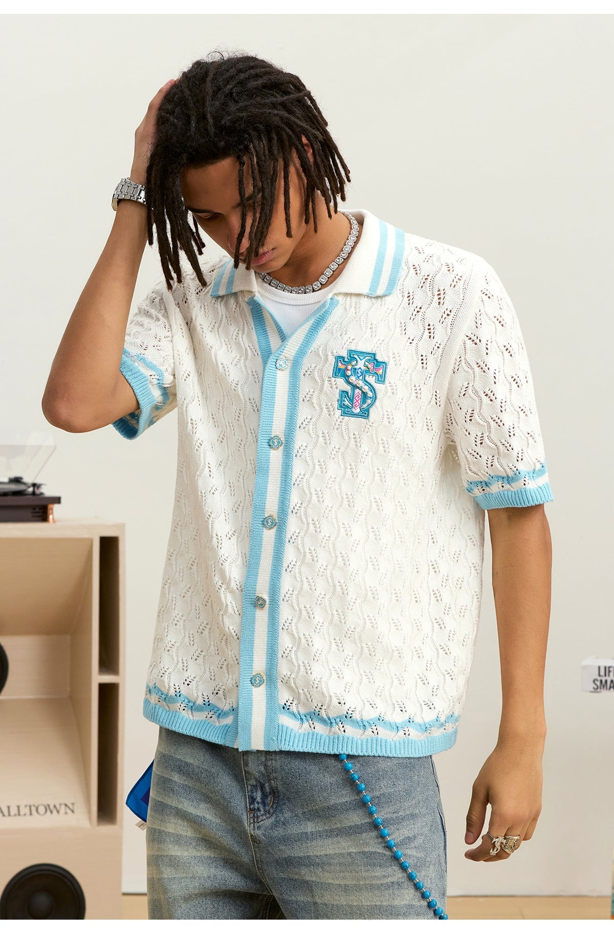 Small Town Kid Ethnic Logo Patch Crochet Knit Hawaiian Shirt