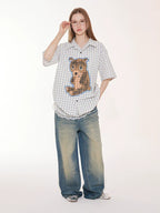 EMPTY REFERENCE Hand Painted Bear Print Plaid Short Sleeve Shirt
