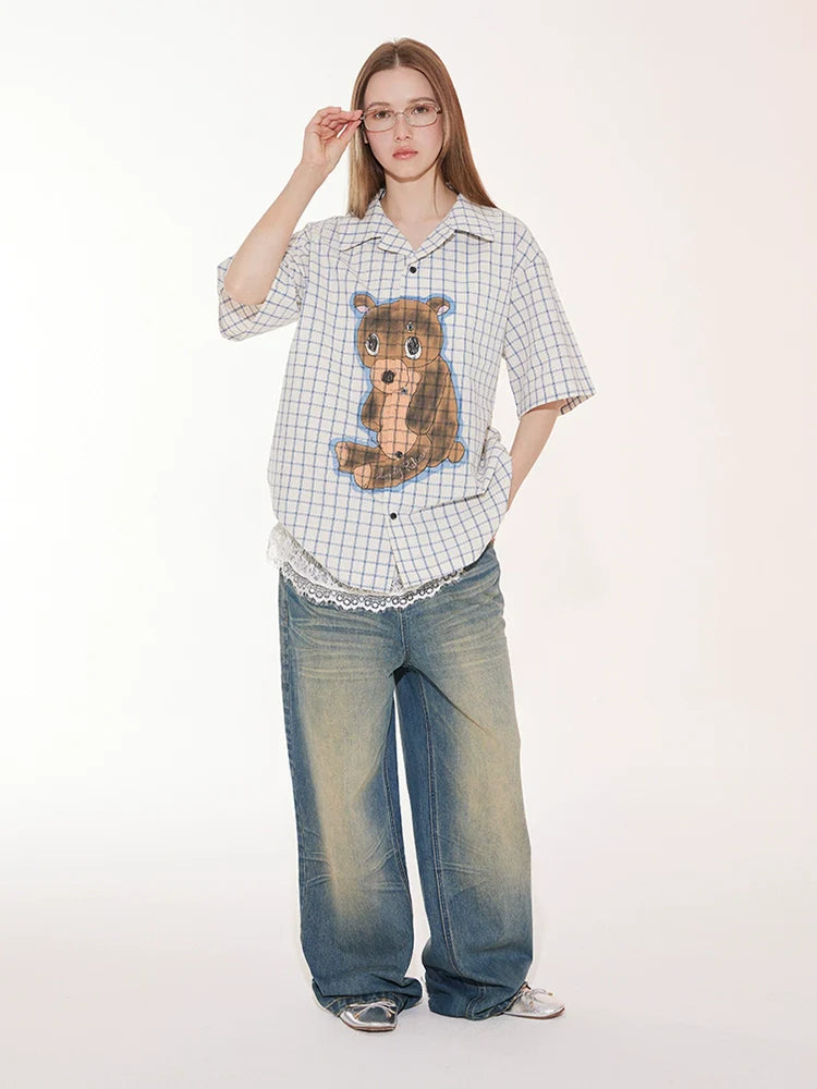 EMPTY REFERENCE Hand Painted Bear Print Plaid Short Sleeve Shirt