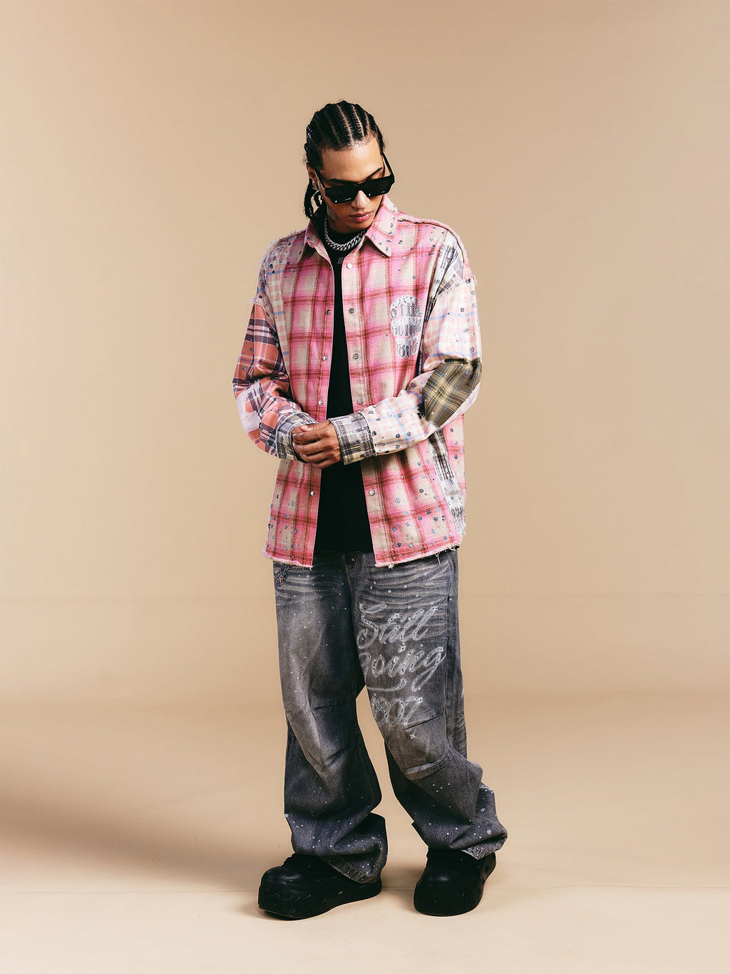 1807 Swarovski Crystal Diamond Plaid Long Sleeve Shirt