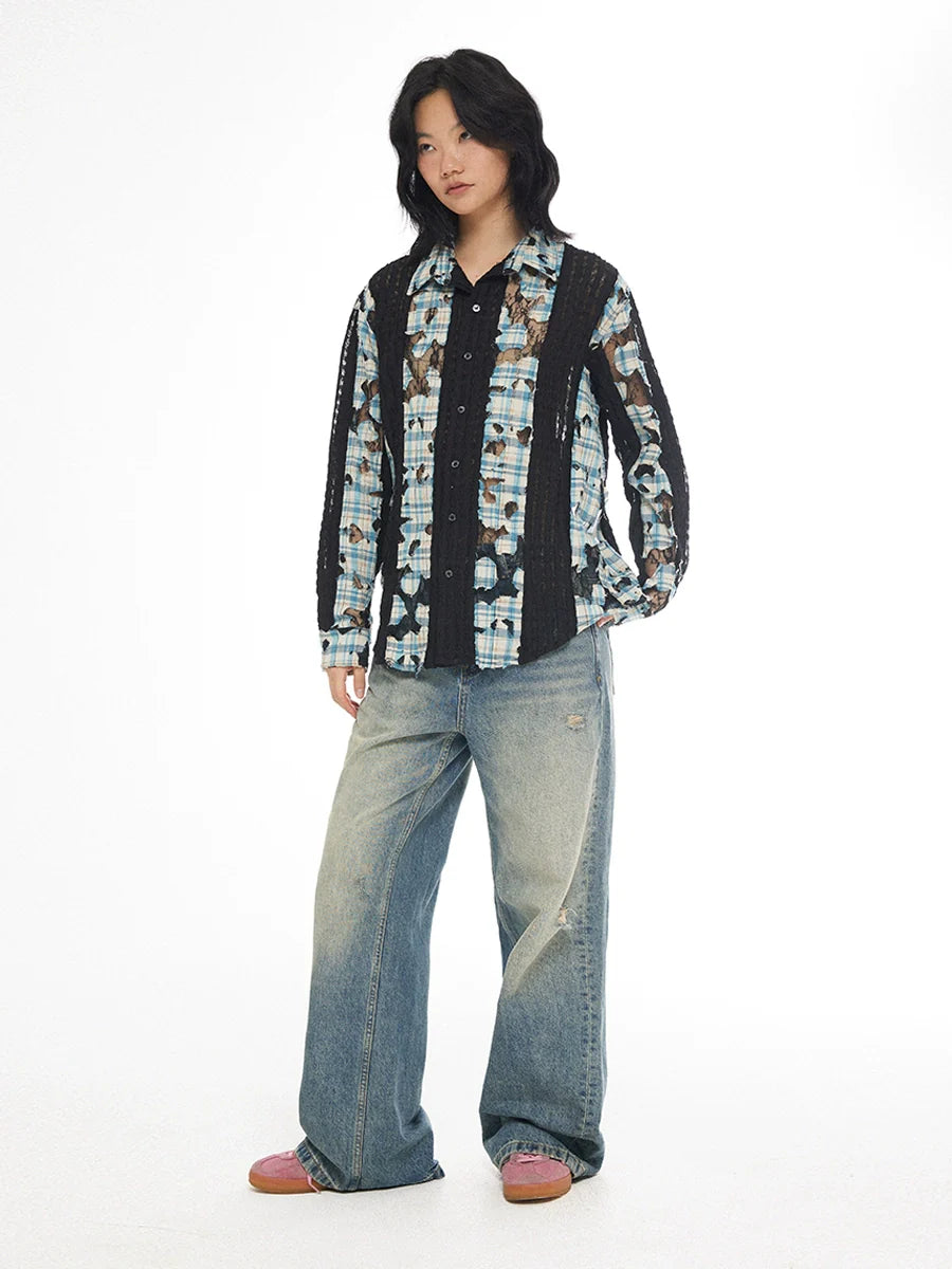 EMPTY REFERENCE Plaid Lace Patchwork Long Sleeve Shirt