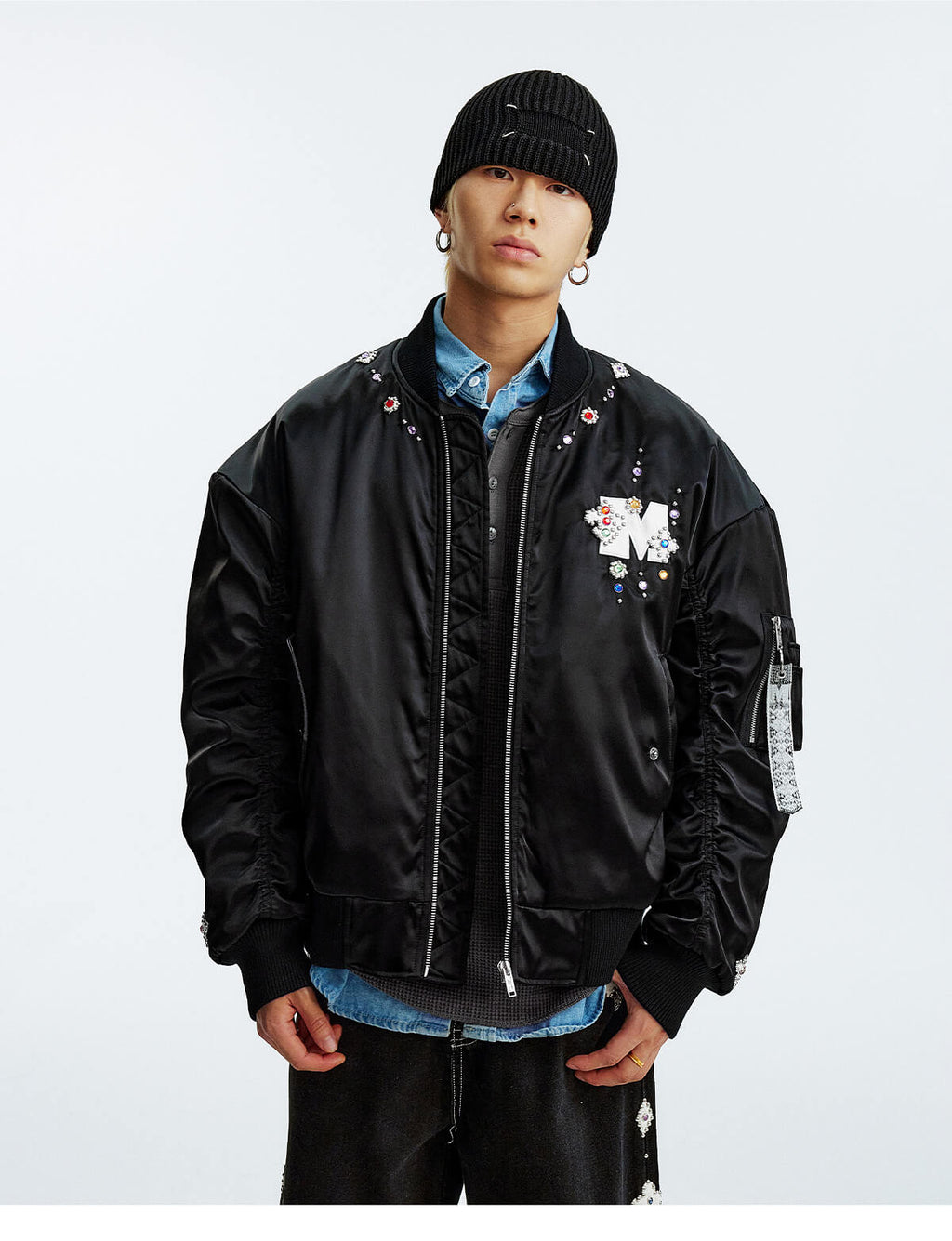 MEDM Gemstone Studded Leather Patch MA-1 Bomber Jacket