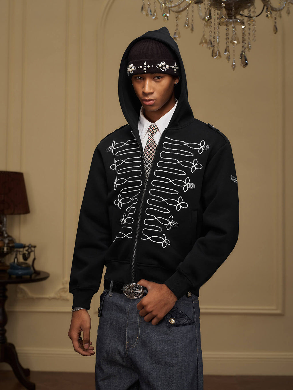 YADcrew Napoleonic Style Epaulette Zip Up Hoodie