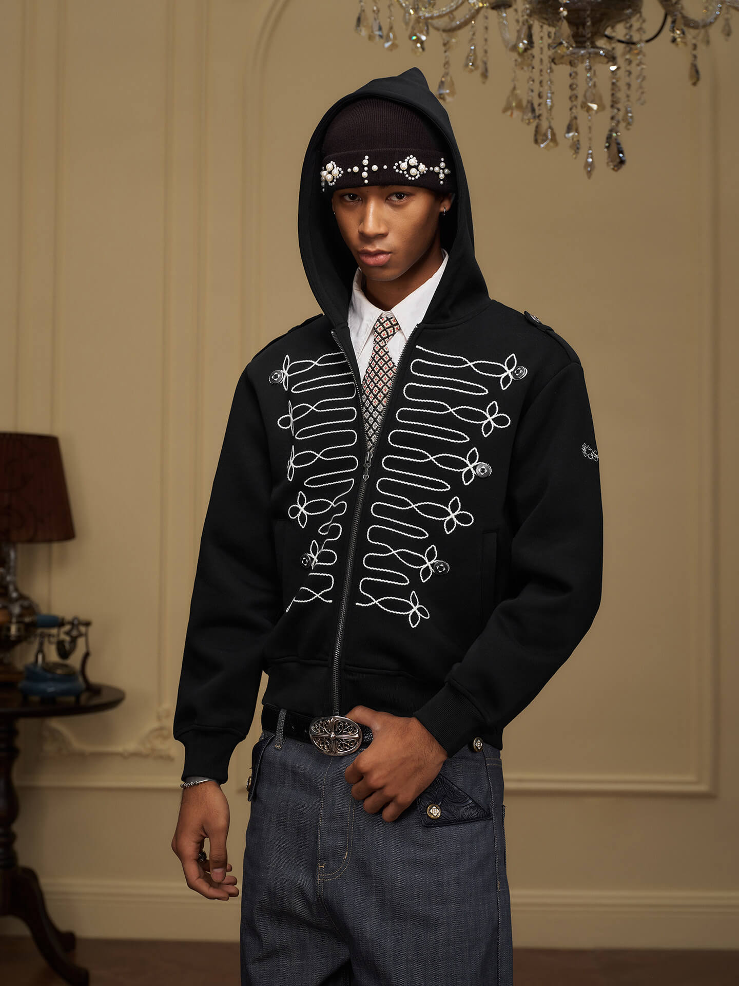 YADcrew Napoleonic Style Epaulette Zip Up Hoodie