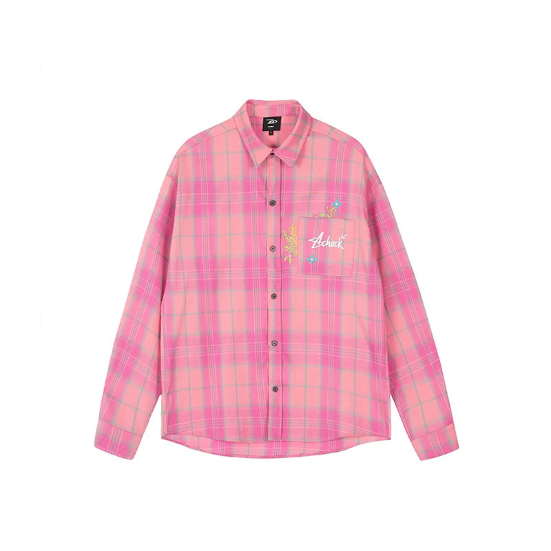 Achock Flower Embroidery Plaid Long Sleeved Shirt