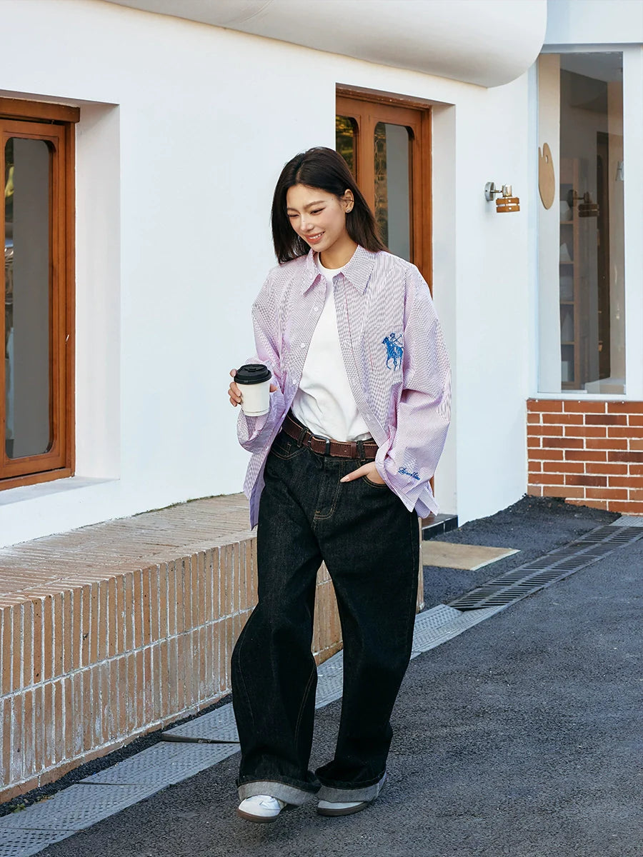 Harsh and Cruel Vintage Embroidered Striped Loose Long Sleeve Shirt