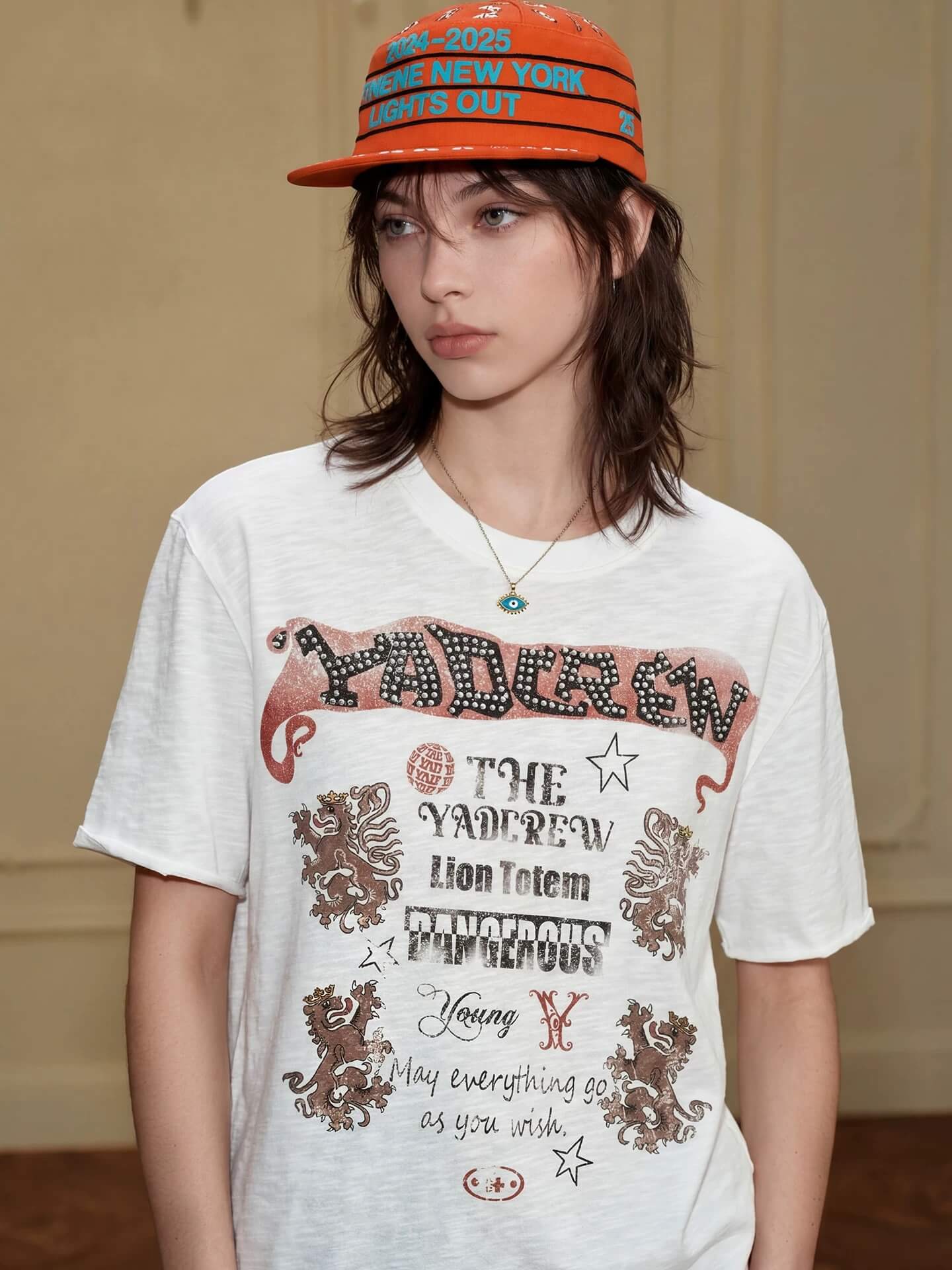 YADcrew Vintage Lion DTG Print Rhinestone Tee