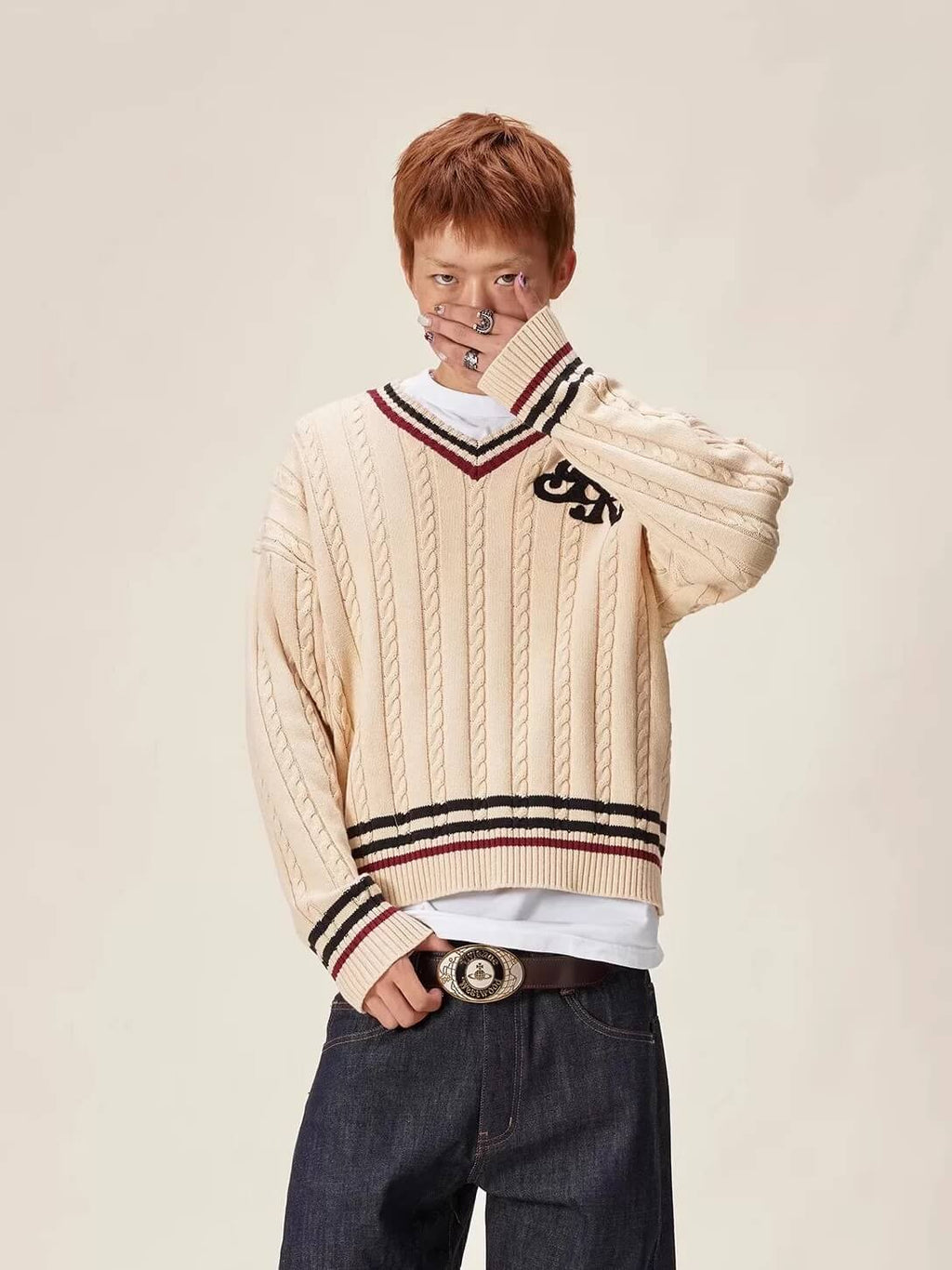 EVILKNIGHT(EK) Logo Cable Knit V Neck Sweater
