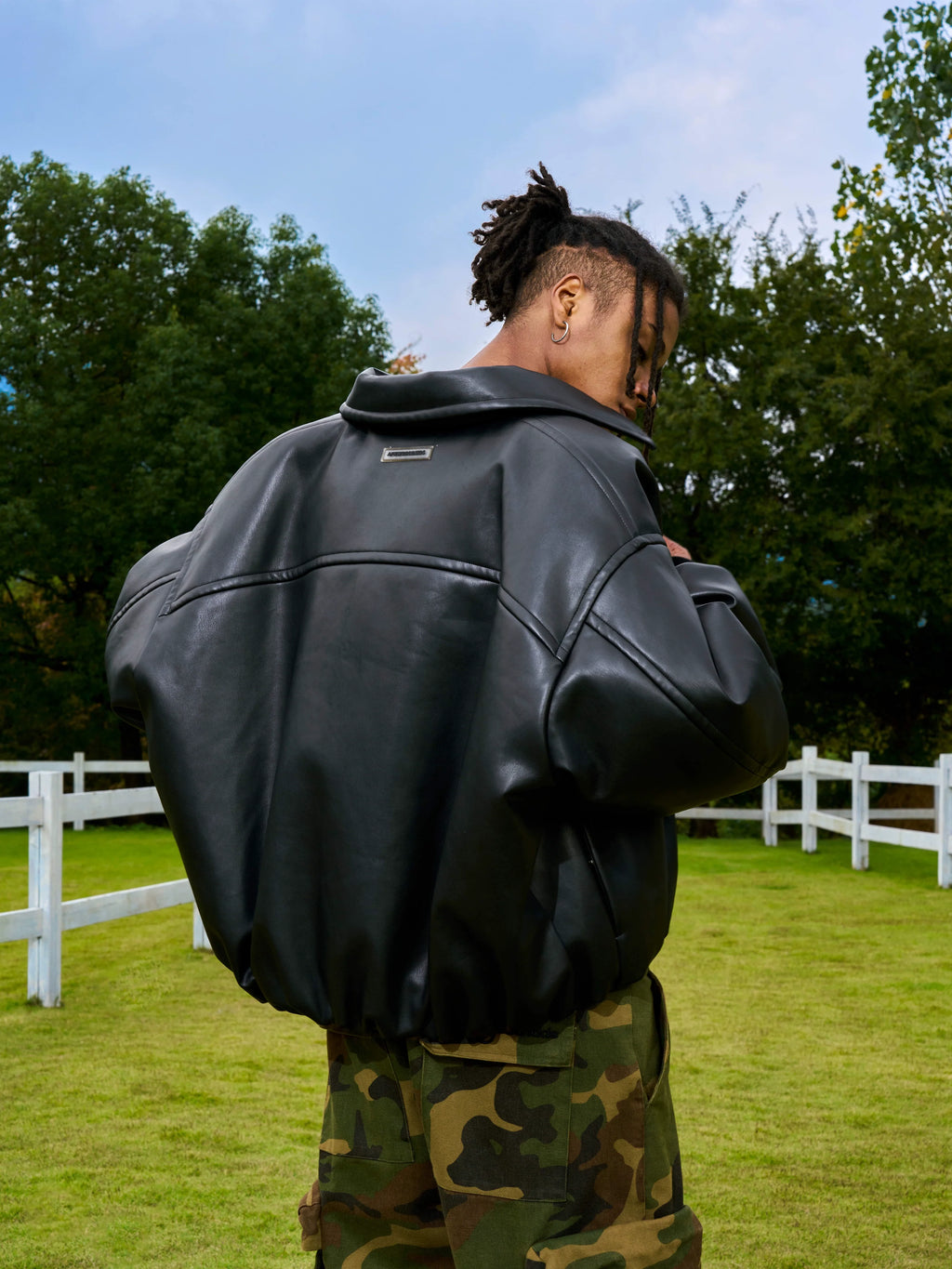 AFGK Embroidered Leather Short Bomber Jacket