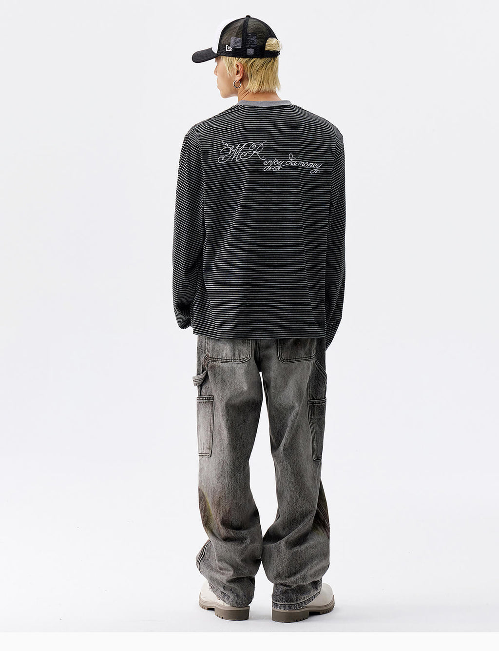 MEDM Rose Embroidered Striped Henley Long Sleeve Tee