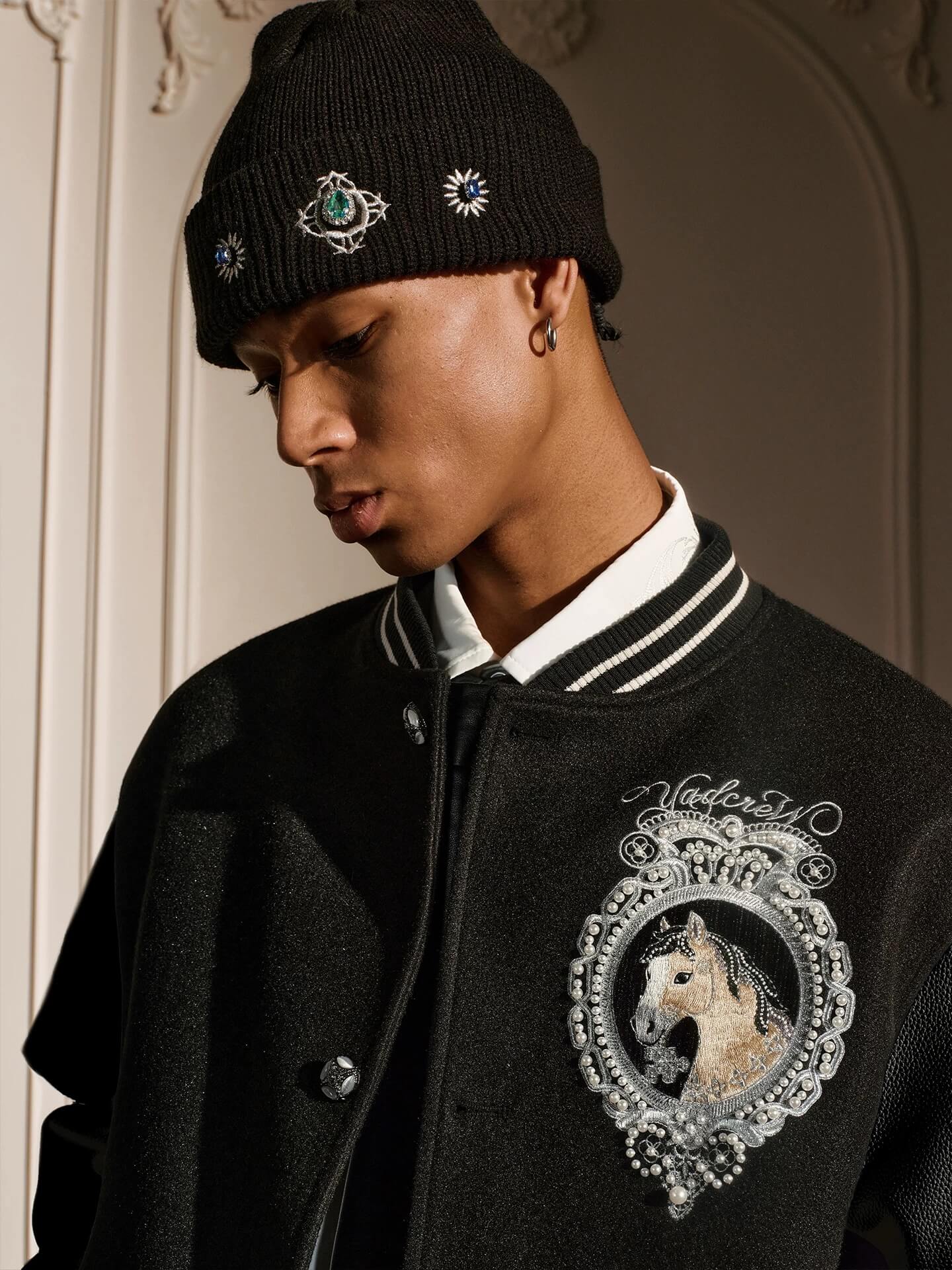 YADcrew Horse Sequin Pearl Embroidered Varsity Jacket
