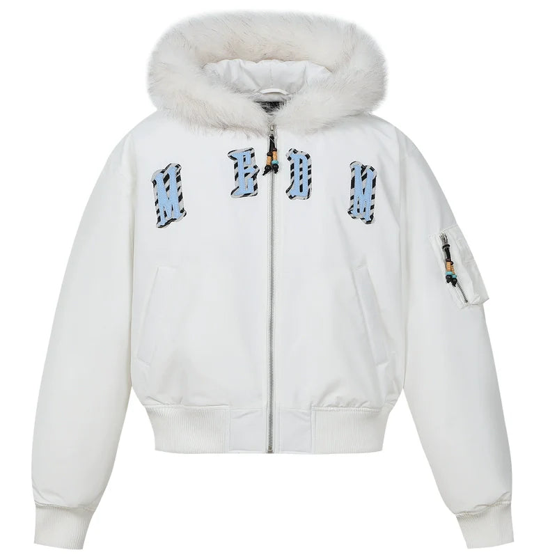MEDM Animal Logo Patch Fur Hooded Bomber Jacket