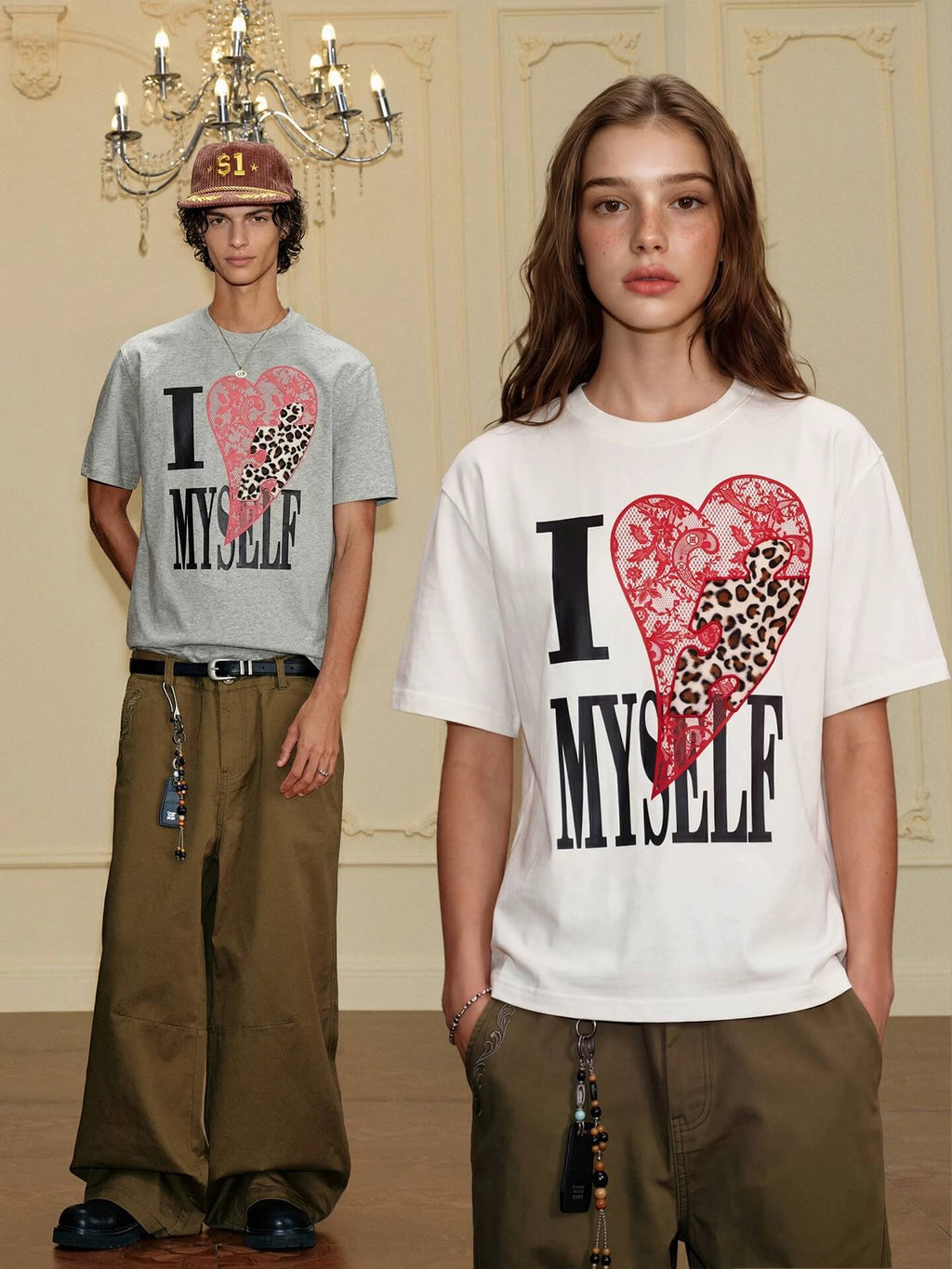 YADcrew Heart Puzzle Patchwork Lace Leopard Tee