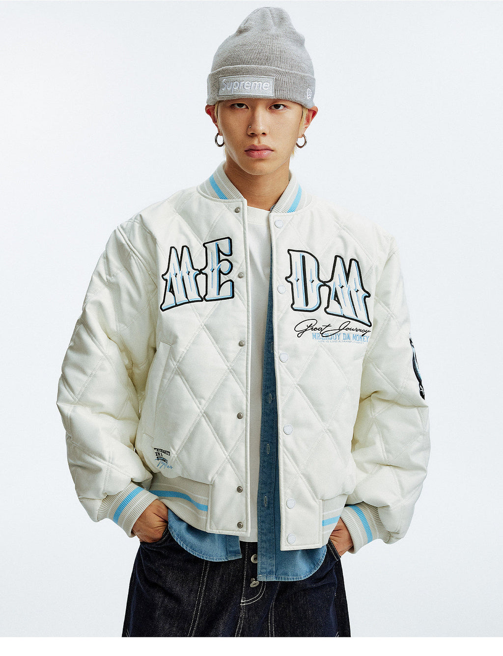 MEDM Diamond Quilted PU Leather Varsity Jacket