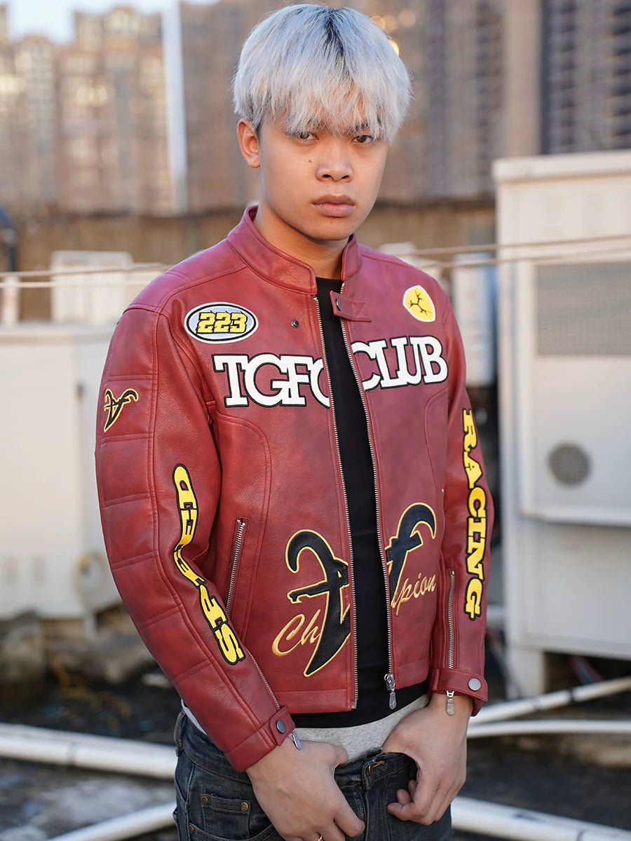 TGFCLUB Heavy Embroidery Racing Leather Jacket