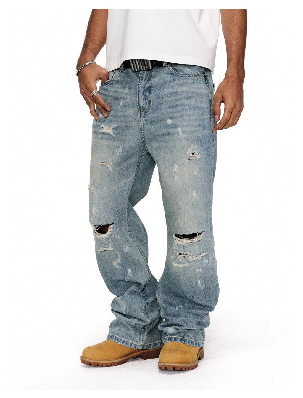 ANTIDOTE Washed Ripped Holes Light Blue Flared Jeans