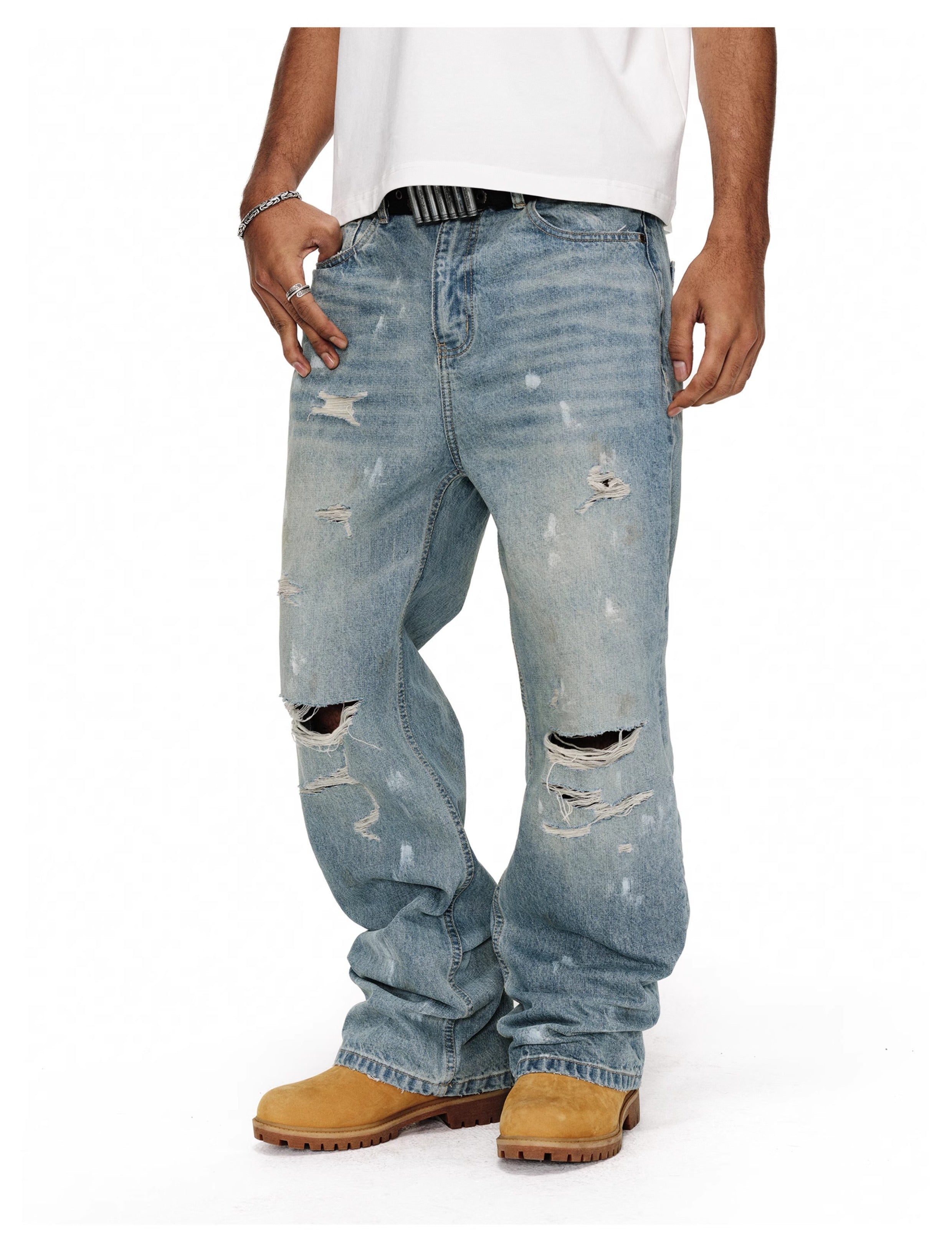 ANTIDOTE Washed Ripped Holes Light Blue Flared Jeans