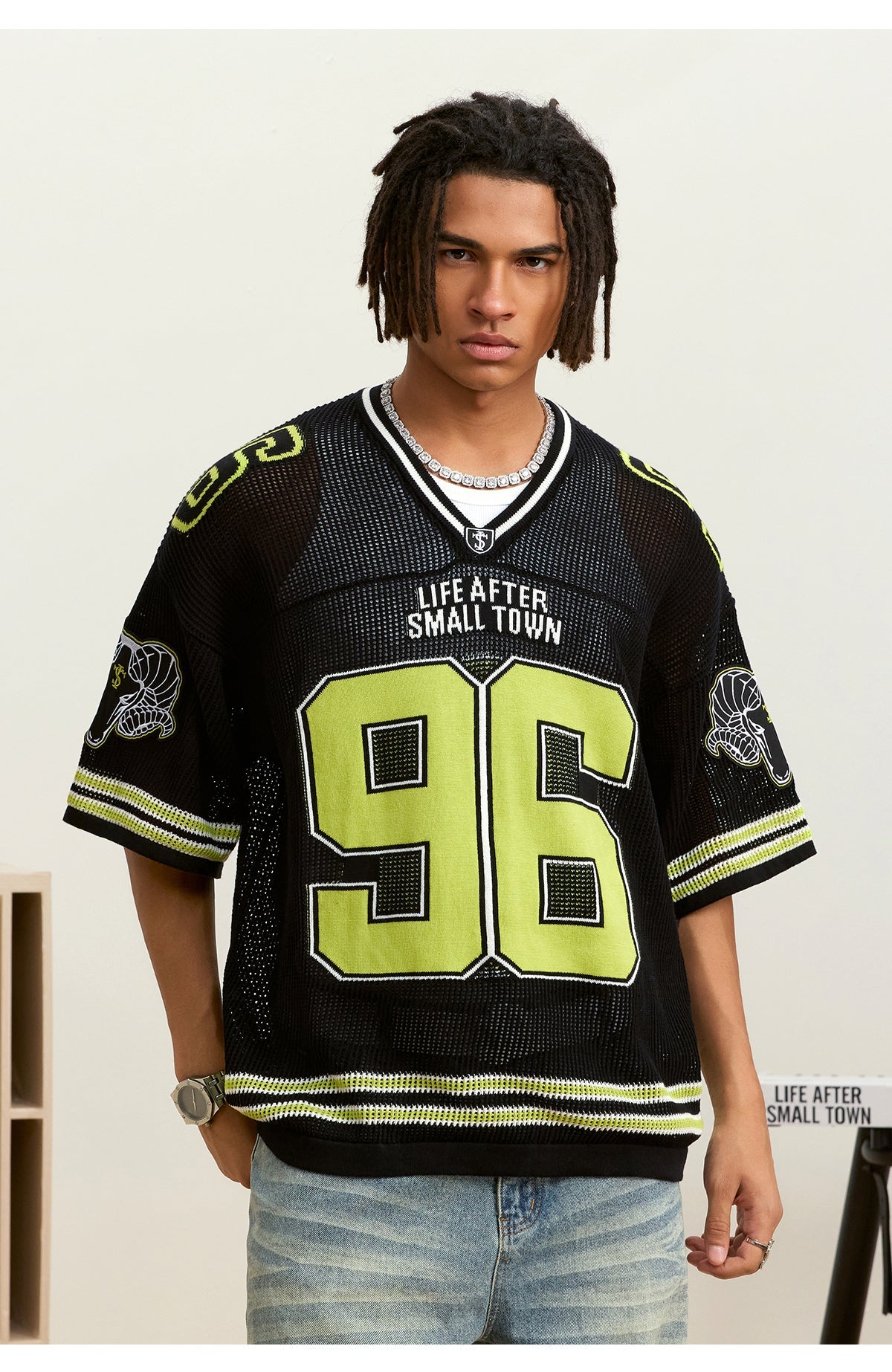 Small Town Kid Mesh Knit V Neck Rugby Jersey