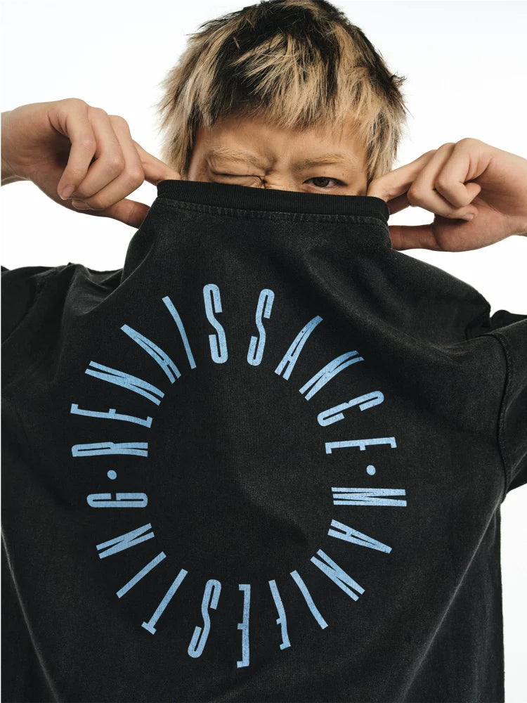 NOVACAM Circle Letter Vintage Washed Black Stitch Tee