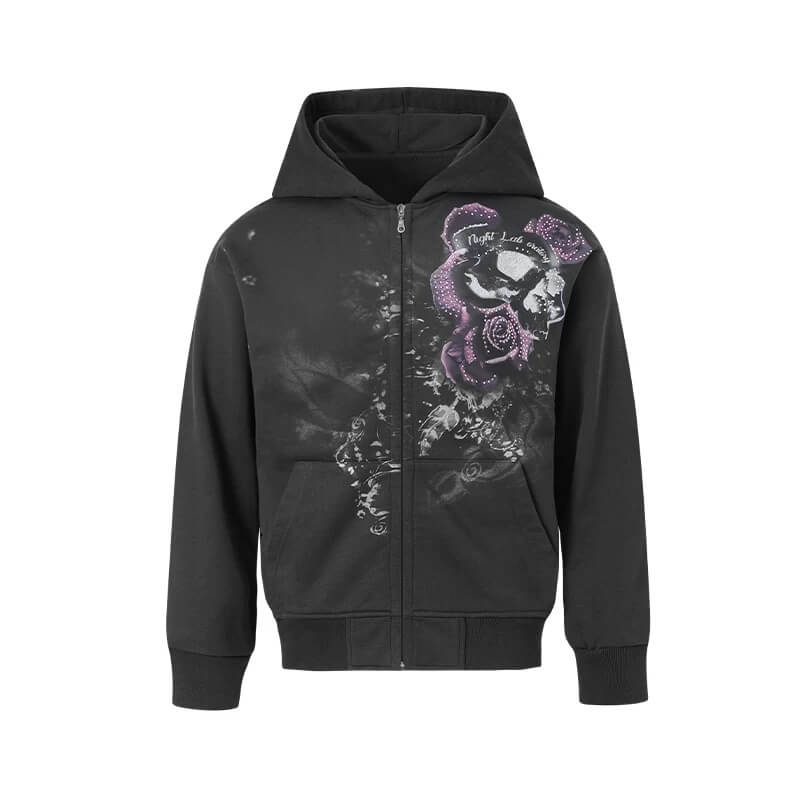 Night Lab Rose Skull Rhinestone Zip Up Hoodie