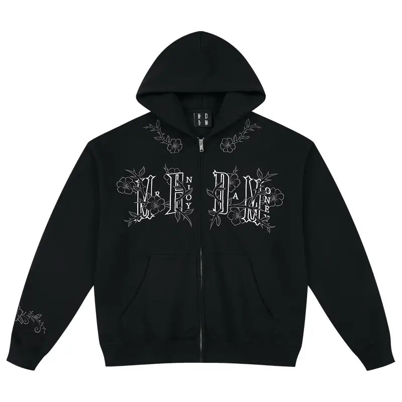 MEDM Flower Embroidered Zip Up Hoodie