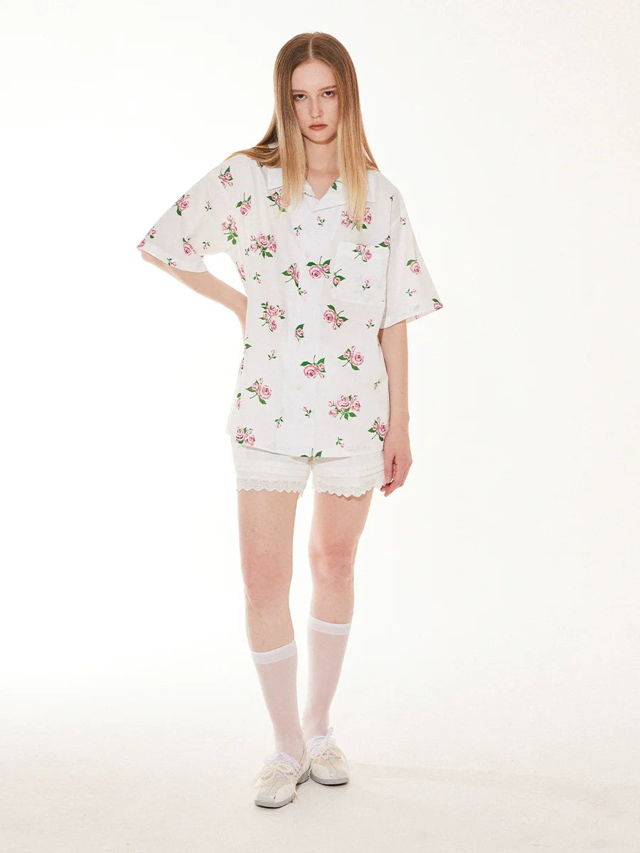 EMPTY REFERENCE Rose Floral Print Short Sleeve Shirt