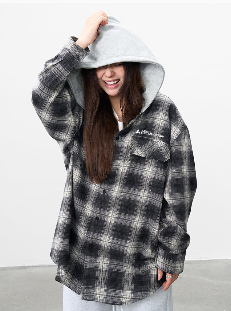 AFGK Plaid Embroidered Hooded Long Sleeve Shirt