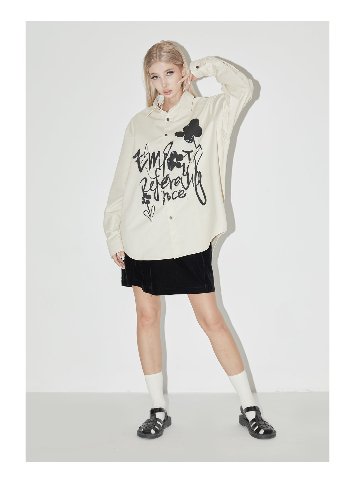 EMPTY REFERENCE Ink Graffiti Flower Print Long Sleeved Shirt