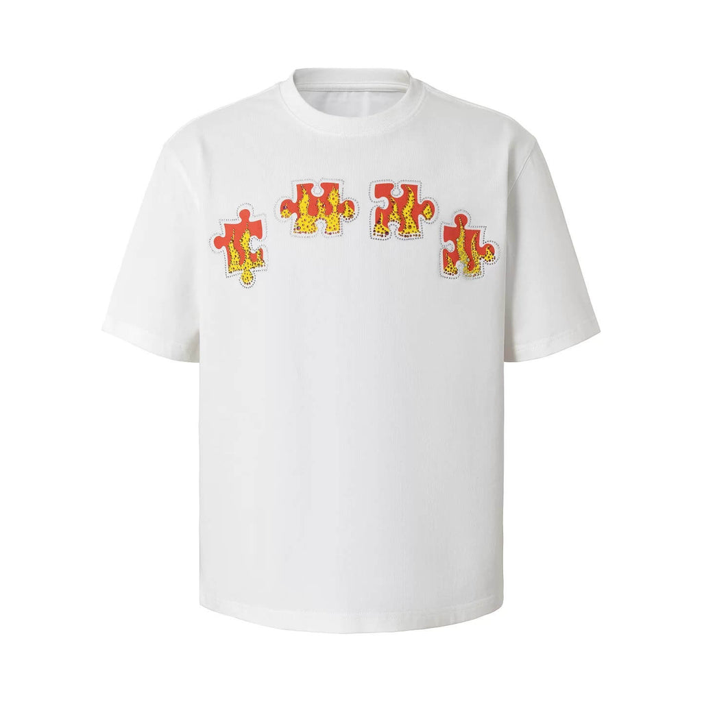 YADcrew Puzzle Piece Flame Rhinestone Tee