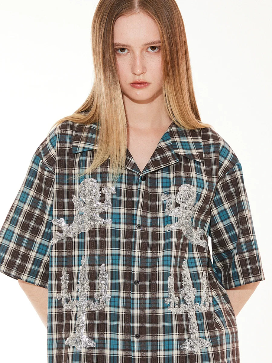 EMPTY REFERENCE Angel and Candlestick Sequin Plaid Short Sleeve Shirt
