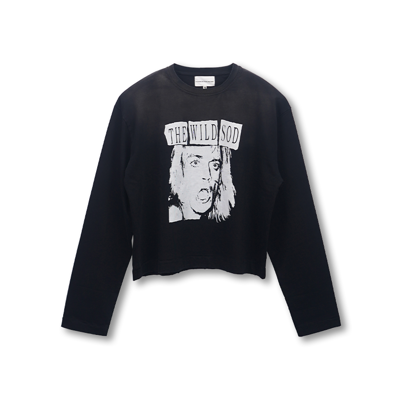 SOD Co. Rock Print Distressed Cropped Long Sleeve Tee