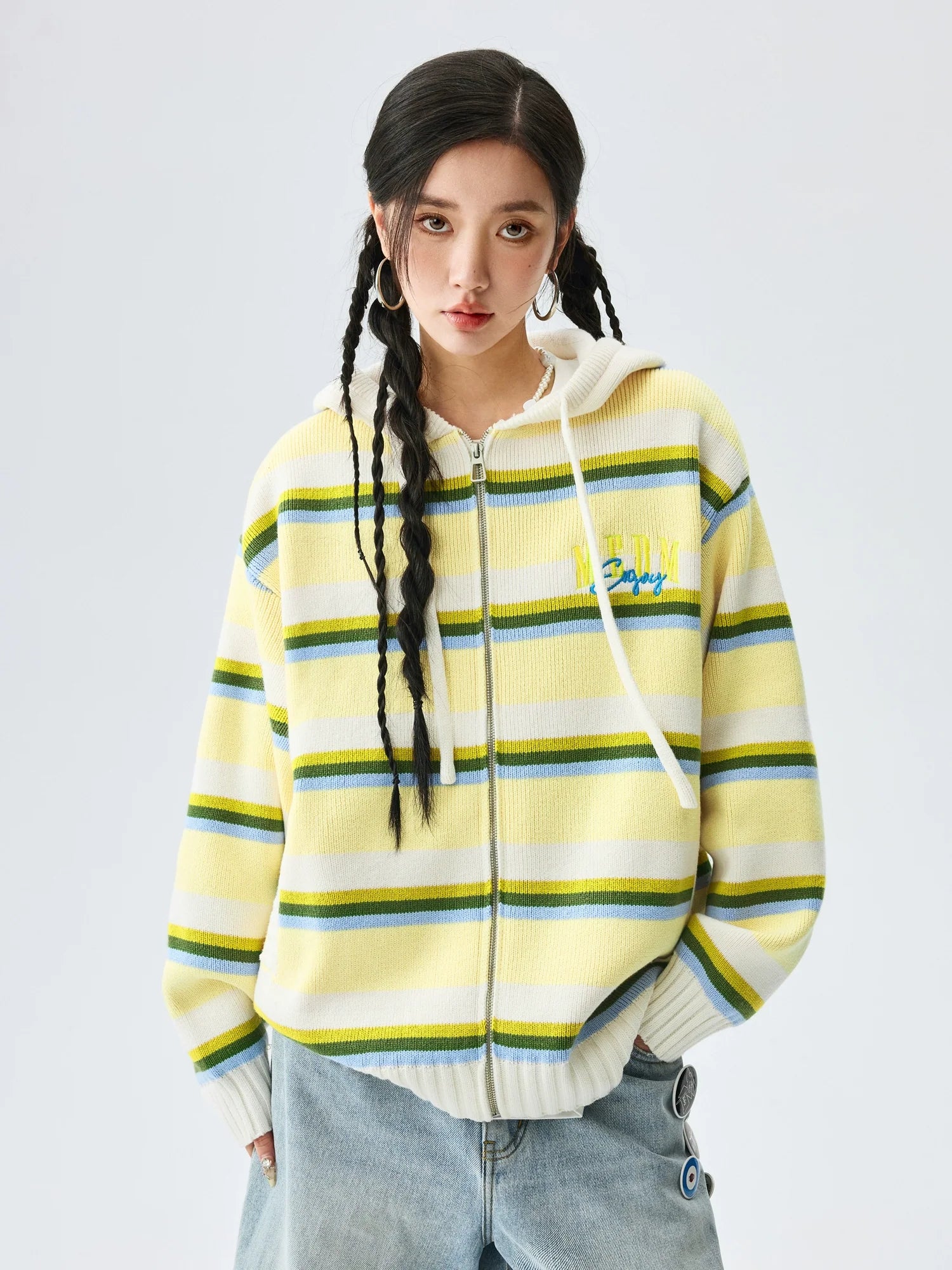 MEDM Colorful Stripes Zip-Up Knit Hoodie
