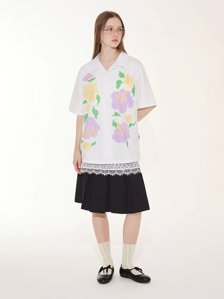 EMPTY REFERENCE Hand Painted Floral Print Short Sleeve Shirt