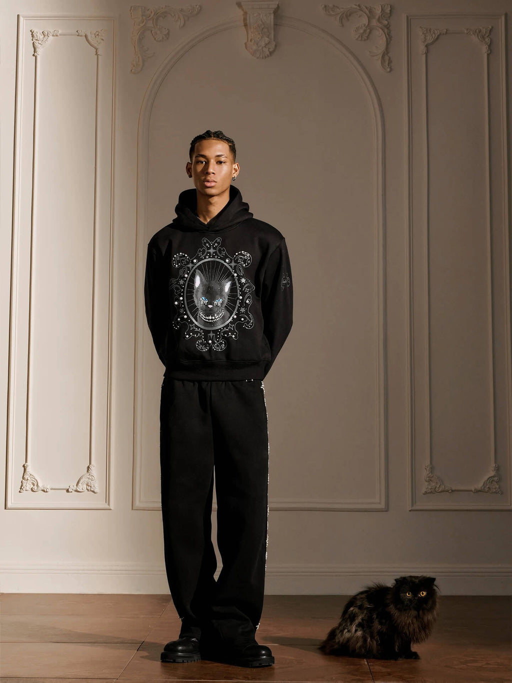 YADcrew Black Cat Print Pearl Hoodie