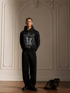 YADcrew Black Cat Print Pearl Hoodie